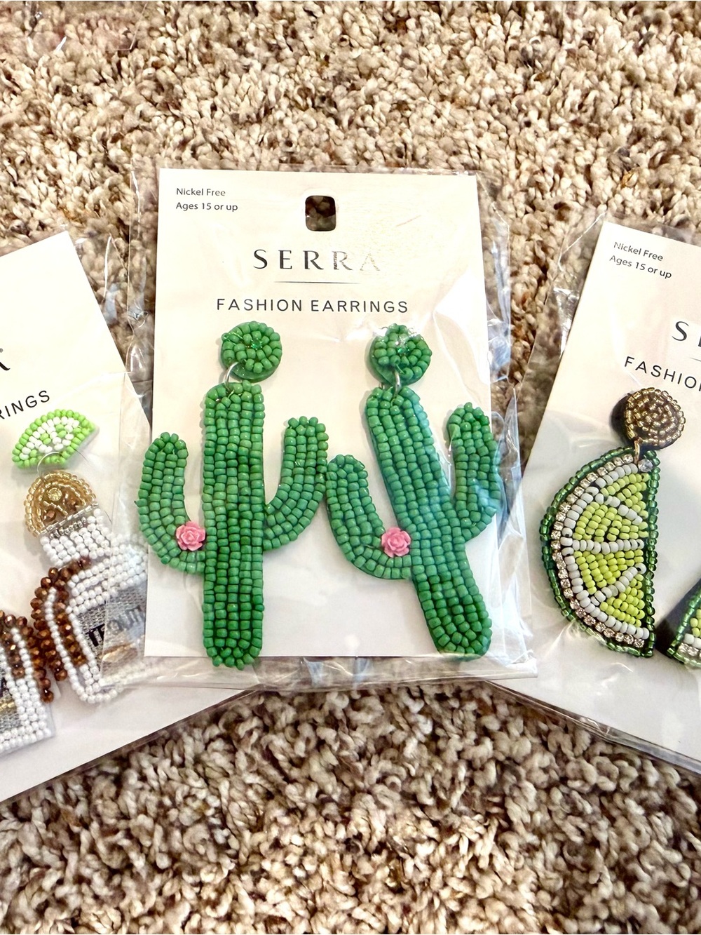 SERRA lot of 3 Cinco de Mayo Beaded Earrings. Cactus, Lime, and Tequila